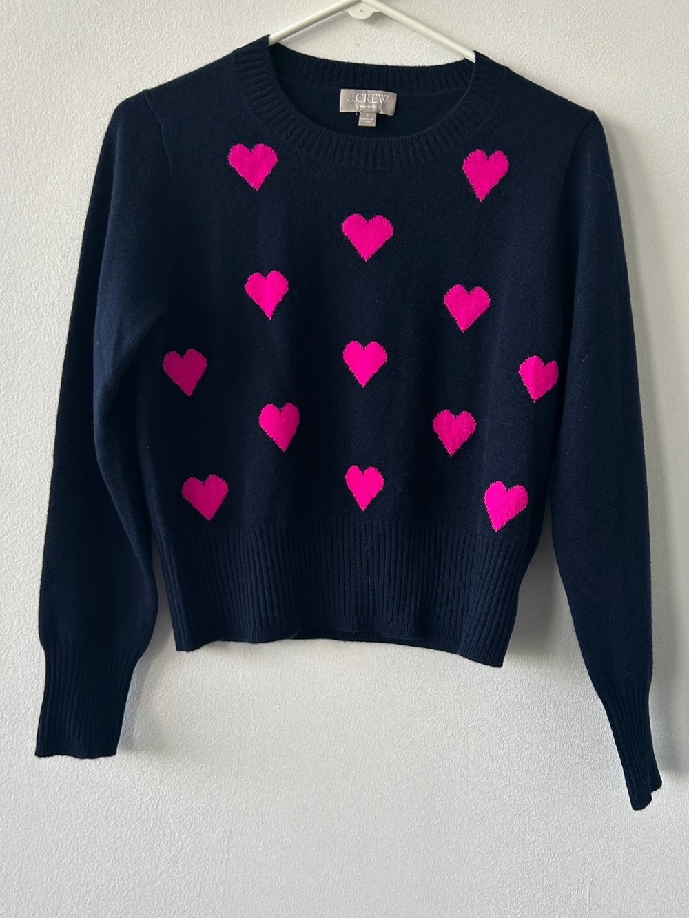J. Crew Navy Crewneck Cashmere Sweater with Hot Pink Heart Motif